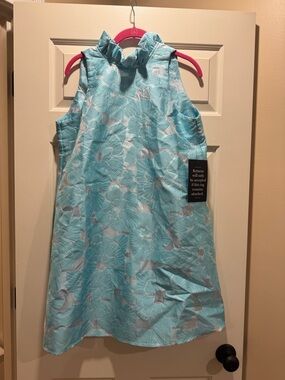 Tuckernuck Aqua Floral Ruffle-Neck Shift Dress